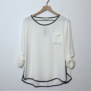 Loft Ivory Black Trim Long Sleeve Roll Tab Blouse Semi-Sheer - Petite Large